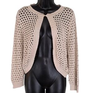 ELLE Womens Cardigan Sweater L‎ Beige Open Knit Cotton Blend Lightweight